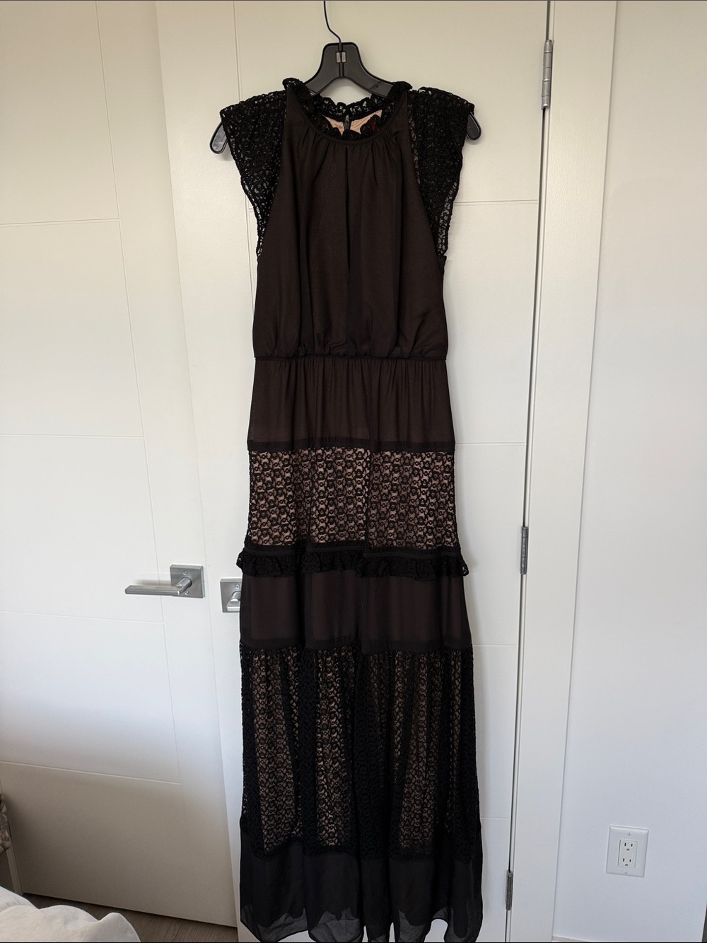 Monique Lhuillier Black Lace Tiered Maxi Dress